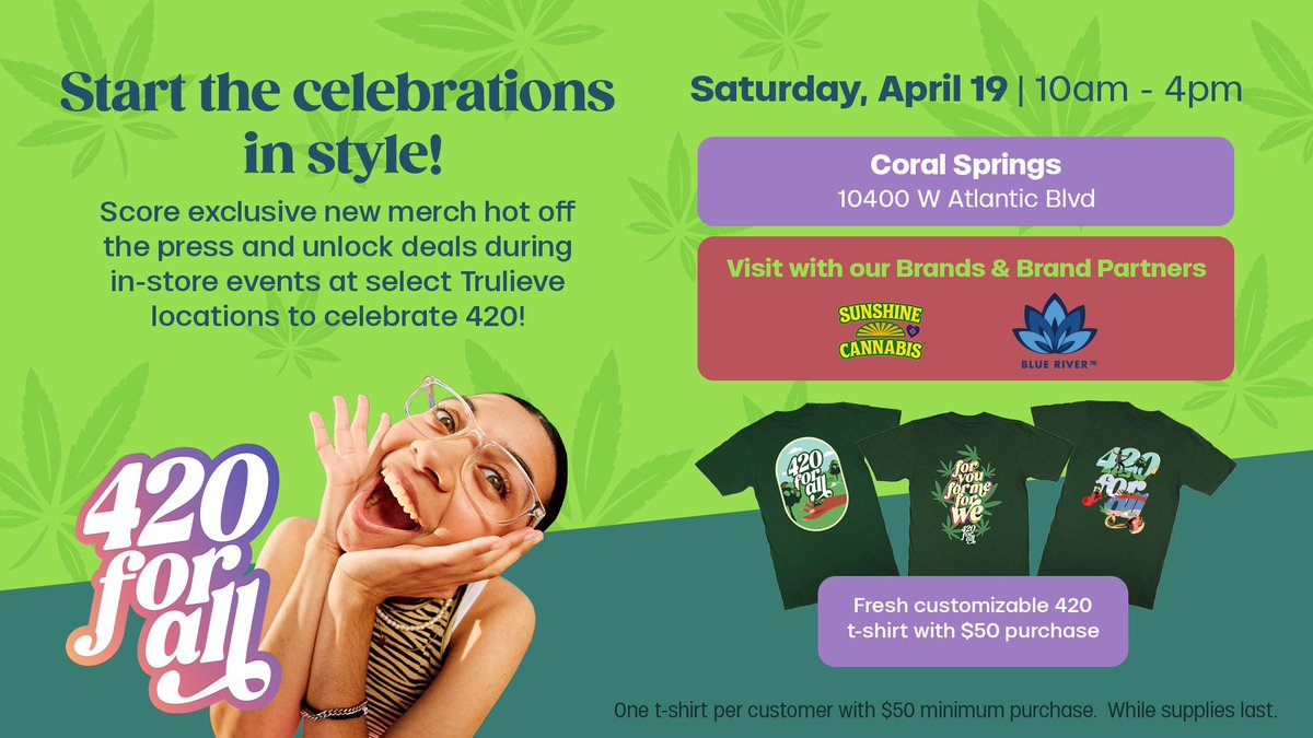 SunshineCannab2's tweet photo. The #420ForAll celebration continues #SunshineFam today 🙌🏼🫡🥳 Come enjoy the weekend with #SunshineCannabis at these @Trulieve locations 💚🚨📍Hope to see you there #Trulievers 🙏🏼 #SunshineStateOfMind https://t.co/c8TMUvHHsv