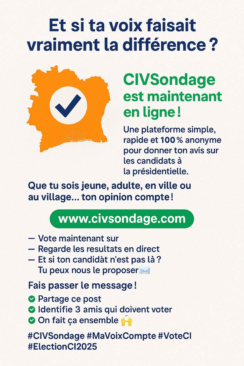 arnoldkouya's tweet photo. CIVSondage est en ligne : une #plateforme 100% indépendante pour voter anonymement sur les #présidentielles 2025 en Côte d’Ivoire.
Aucun lien avec un parti #Politique
Donne ton avis ici https://t.co/BbcDFggyeA
#CIVSondage #MaVoix #civnews #babi #abidjanwordexpo2025 #Election2025 https://t.co/4ogf9CvyGo