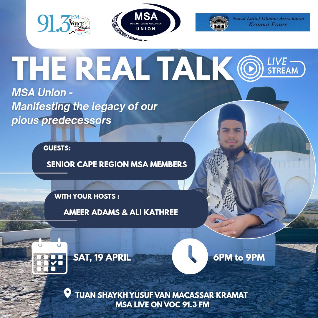 This Saturday evening, delve into the enduring legacy of Shaykh Yusuf (RA), a pivotal figure in the history of Islam in the Cape and Southern Africa. Members of the MSA Cape region will share their insights on his impact .

Tune into VOC 91.3fm to be part of the conversation! 🎙