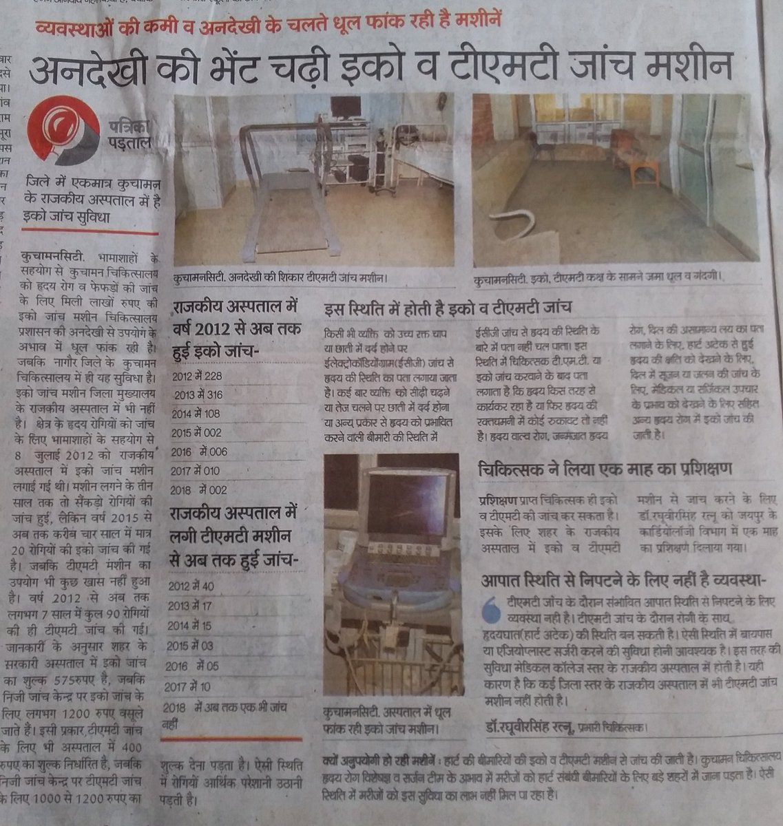 MRCOOLINDIAN's tweet photo. वैसे तो ये न्यूज 2018 की है लेकिन आज 7 साल बितने के बाद भी हालात जस के तस है इस बीच 2 सरकारे बदल गयी और तीसरी आ गयी। @BhajanlalBjp सरकार ने अपने पहले बजट में #कुचामन में कॉर्डिक केयर यूनिट की घोषणा भी की थी लेकिन आज दिन तक कार्य शून्य है। https://t.co/66cKu67Z57