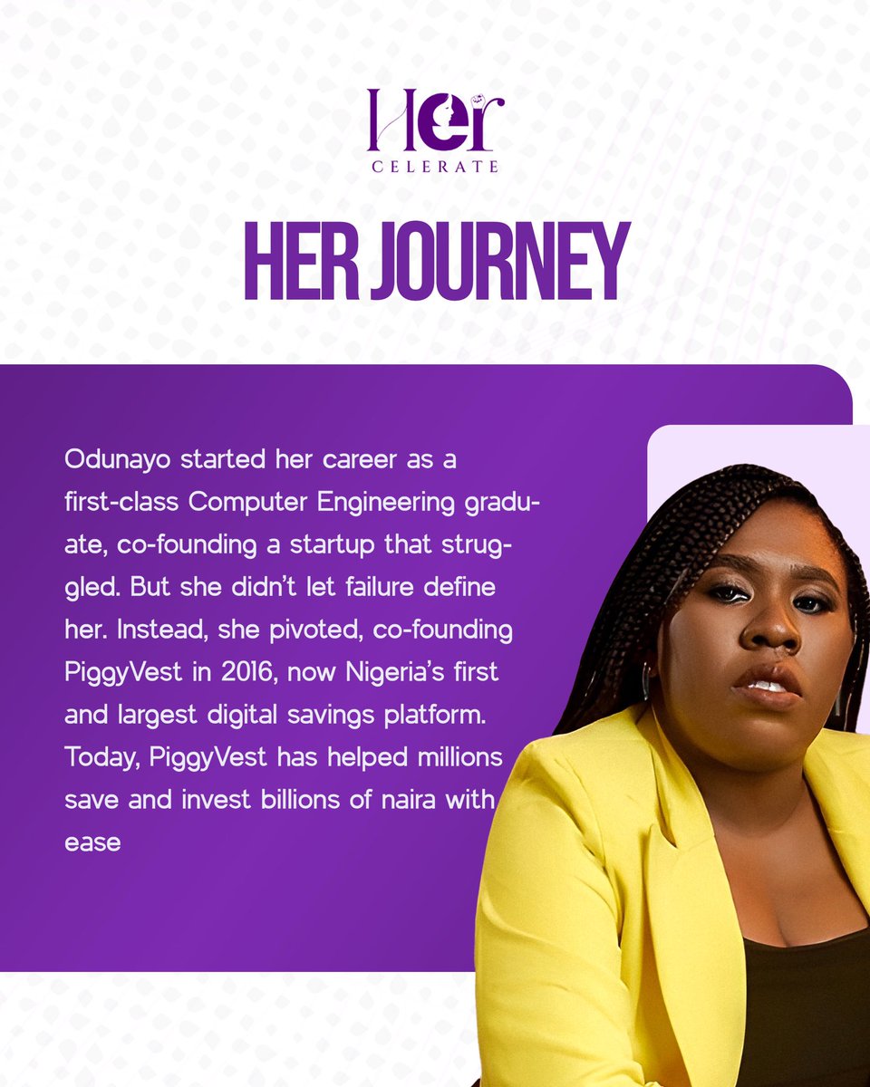 HERcelerate's tweet photo. Women Who Inspire✨
Odunayo Eweniyi
Odunayo Eweniyi is breaking barriers and building doors. As Co-founder & COO of PiggyVest, she’s transforming how Nigerians save and invest—a true fintech trailblazer and advocate for women.
#HERcelerate https://t.co/MfB8Nv1ZEN