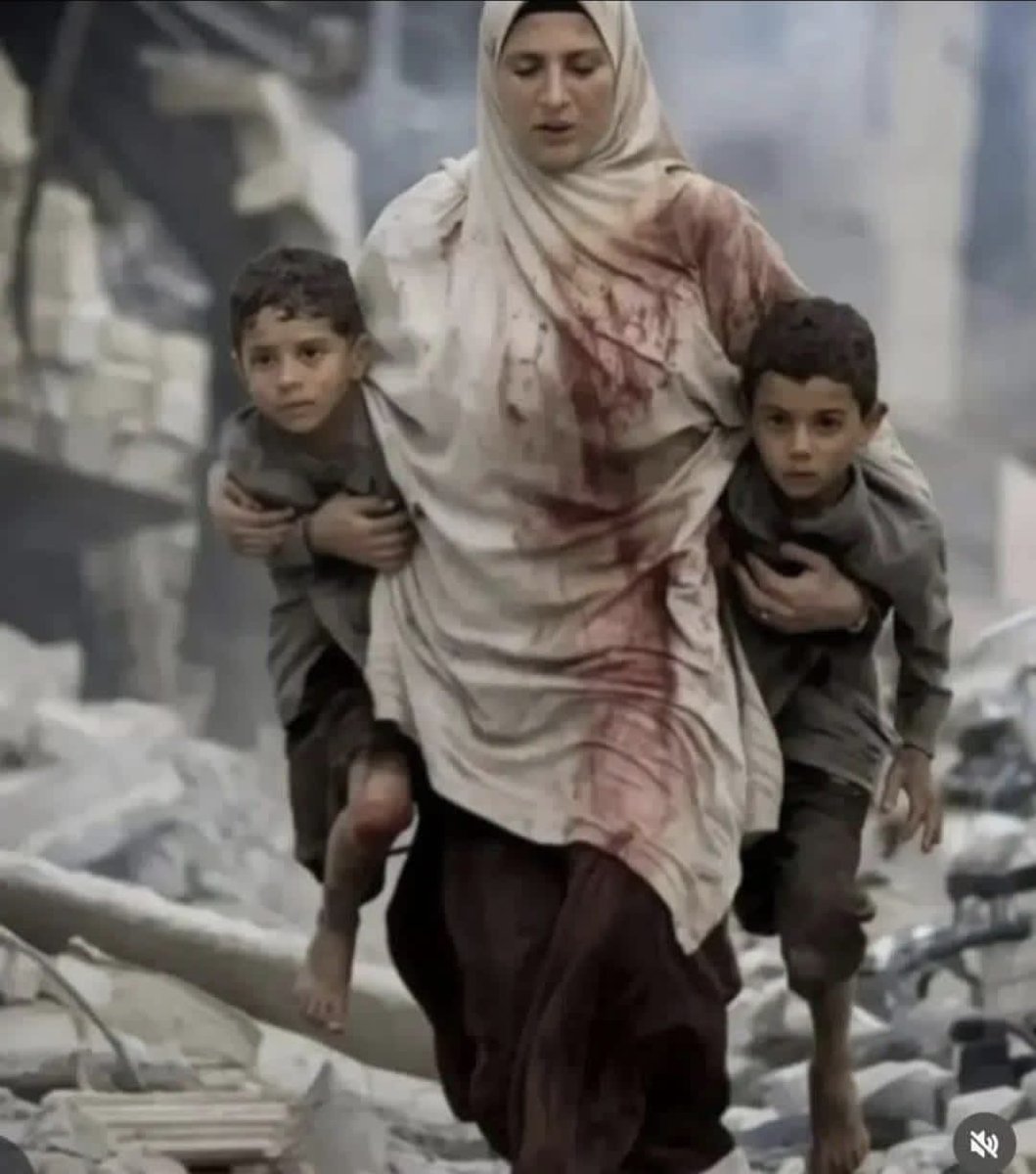 🧵1/3
She walks, bleeding... not turning around, not crying, not moaning...
Carrying two children like her wings, as if the entire earth were hanging on her shoulders, as if she were the last one left to bear witness that life was once here.