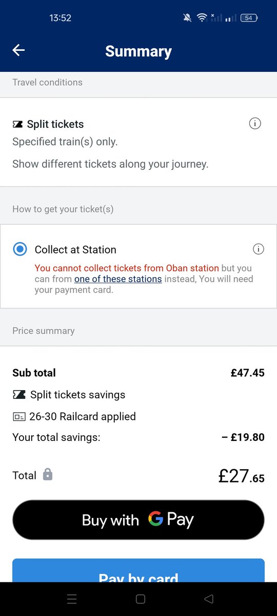 doug53187's tweet photo. @ScotRail hello, I am trying to purchase my usual advance return from Oban to Queen street on the app. But I am only being shown an option to collect tickets at the station, rather than being on the mobile app as usual. I can't collect from Oban station so this will not work. https://t.co/OGTYaYcd9b