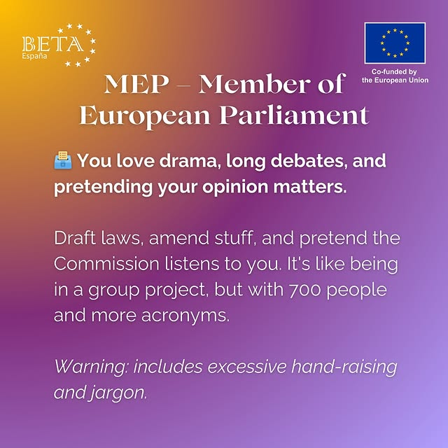 MEUSpain's tweet photo. 🇪🇺Ever wanted to cosplay as a bureaucrat without the six-figure salary? Now's the chance 🇪🇺

Discover today the roles of MEP, Minister and Journalist. And tomorrow, 3 more roles in MEU Spain.

Apply and join us in MEU Spain 2025 in Santander (21-25 July): https://t.co/T1LXXLlLnX https://t.co/7xFoJLUKor