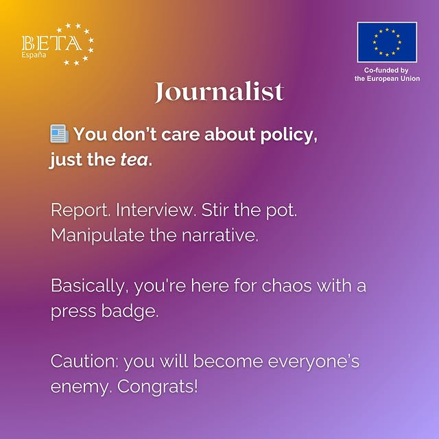MEUSpain's tweet photo. 🇪🇺Ever wanted to cosplay as a bureaucrat without the six-figure salary? Now's the chance 🇪🇺

Discover today the roles of MEP, Minister and Journalist. And tomorrow, 3 more roles in MEU Spain.

Apply and join us in MEU Spain 2025 in Santander (21-25 July): https://t.co/T1LXXLlLnX https://t.co/7xFoJLUKor