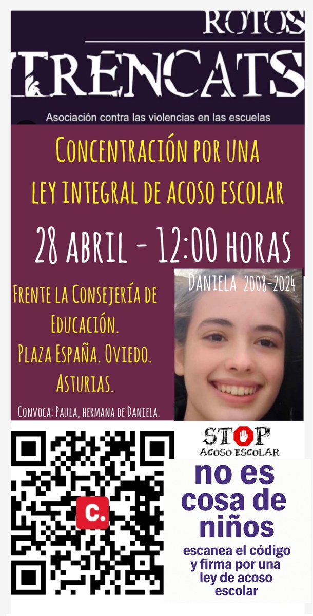 trencats's tweet photo. 📢 ¡El 28 de abril nos unimos por una #LeyIntegralDeAcosoEscolar! A las 12:00h frente a la Consejería de Educación, Oviedo. ¡Es hora de alzar la voz contra el acoso escolar! 📷#Trencats #StopAcosoEscolar 📷
apoya y promueve esta concentración. https://t.co/VTDEP39x5E