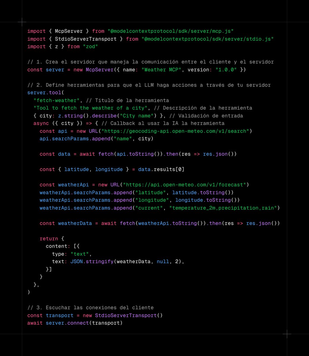 Los MCP son el futuro de la programación con IA.

Amplían las capacidades de los modelos y los conecta con el mundo exterior.

Es el "USB-C" de la IA: un estándar universal para integrar herramientas y datos externos.

En 30 líneas de código TypeScript puedes crear uno: