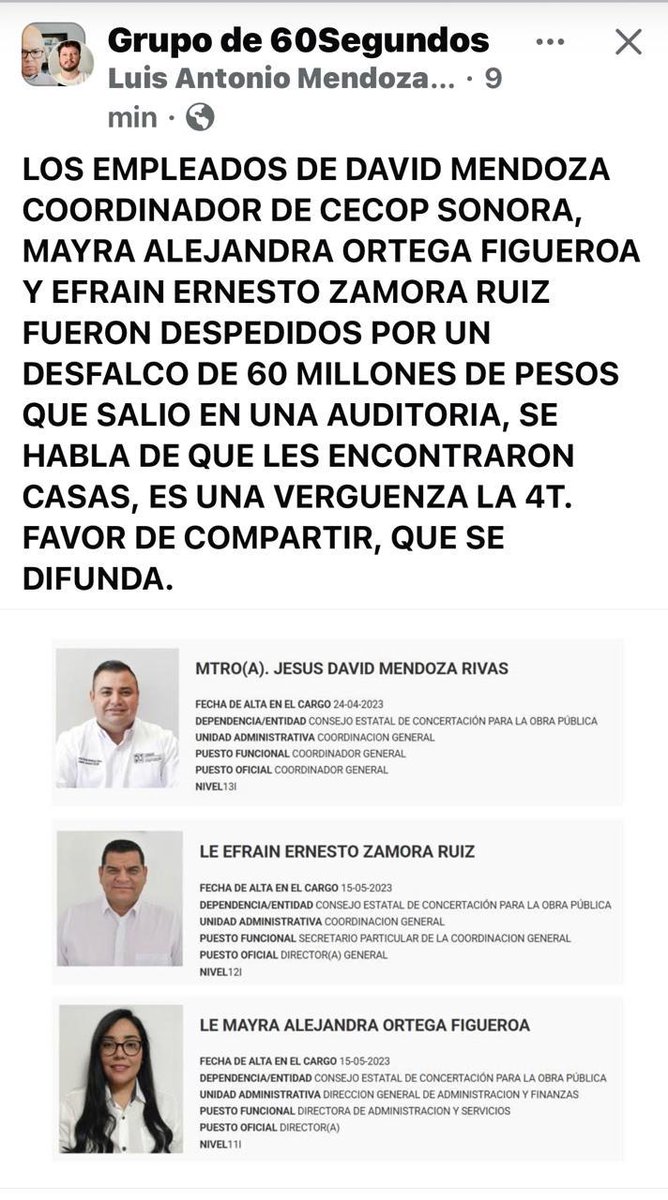 Se había de un desfalco millonario en CECOP <a href="/cecopsonoragob/">CECOP SONORA</a> dónde manda David Mendoza, nada menos que el presidente del Consejo de <a href="/MorenaenSonora/">Morena Sonora</a> quien llegó en sustitución del tristemente célebre Bebo Zatarain pero salió peor el remedio que la enfermedad porque los involucrados
