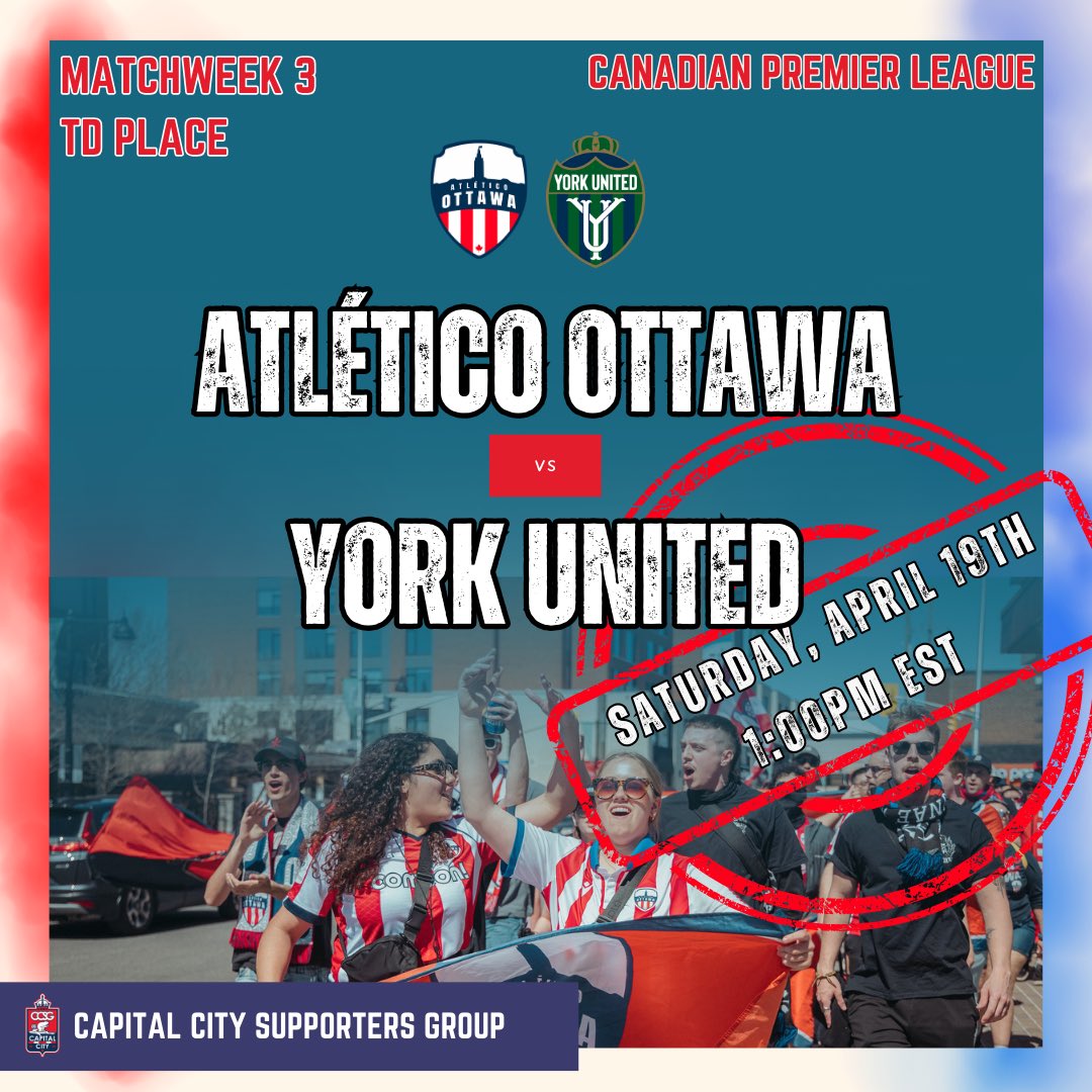 CapitalCitySG's tweet photo. It’s an @atleticoottawa MATCH DAY!!⚪️🔴 What a beautiful day to be facing our Ontario rivals. Can’t wait to see everyone there!!🎉
#canpl #atléticoottawa #atleti #football #forottawa #pourottawa #matchweek3 https://t.co/148FWG9yHV