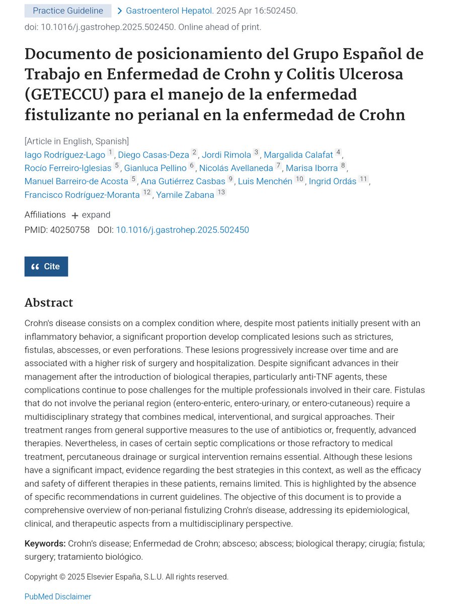 Honrado de participar en el Documento de posicionamiento del Grupo Español de Trabajo en Enfermedad de Crohn y Colitis Ulcerosa (<a href="/geteccu/">GETECCU</a>) para el manejo de la enfermedad fistulizante no perianal en la enfermedad de Crohn

#crohnsdisease #IBD #EII

sciencedirect.com/science/articl…
