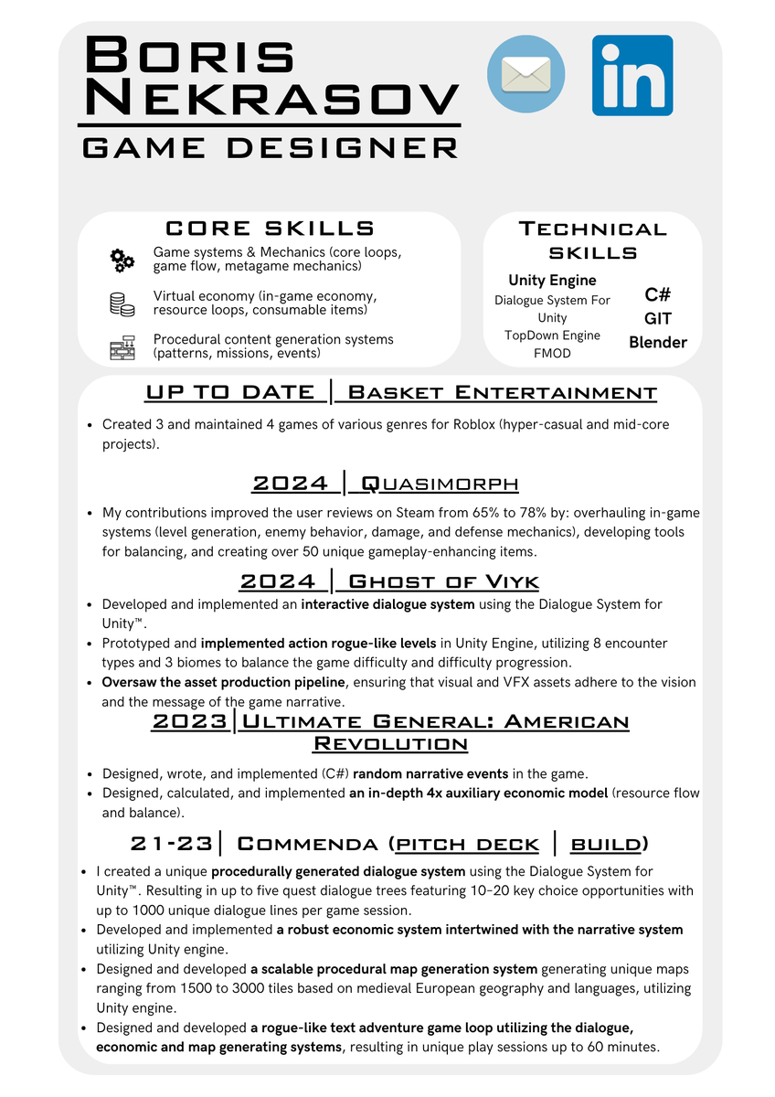 Ребята, очень ищу работу! Миддлом, джуном, с платной стажировкой, с бесплатной стажировкой - неважно. Гейм дизайнером или Unity dev - я всё умею, везде пригожусь, говнокод не пишу, инициативен, целеустремлен и докажу что архиполезен.
Ссылка на cv в следующем твите