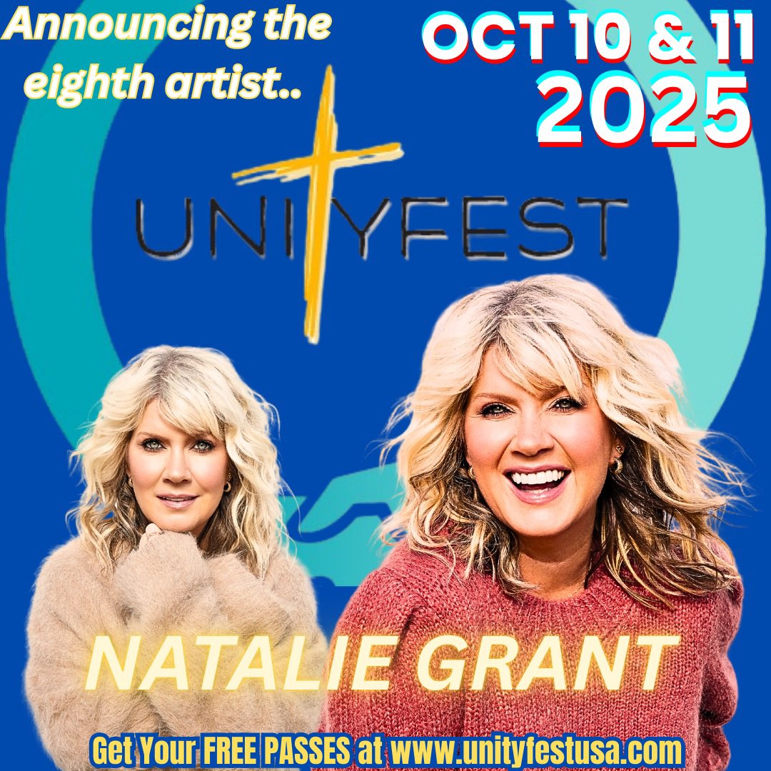 Unityfest22's tweet image. ANNOUNCING OUR EIGHTH ARTIST FOR UNITYFEST 2025…
NATALIE GRANT!!!! 
WE ARE ECSTATIC TO HAVE NATALIE JOIN US THIS YEAR!! It’s going to be an AMAZING time of worshipping and praising our Lord and Savior, Jesus!! 
Get your FREE PASSES today at
unityfestusa.com
@NatalieGrant