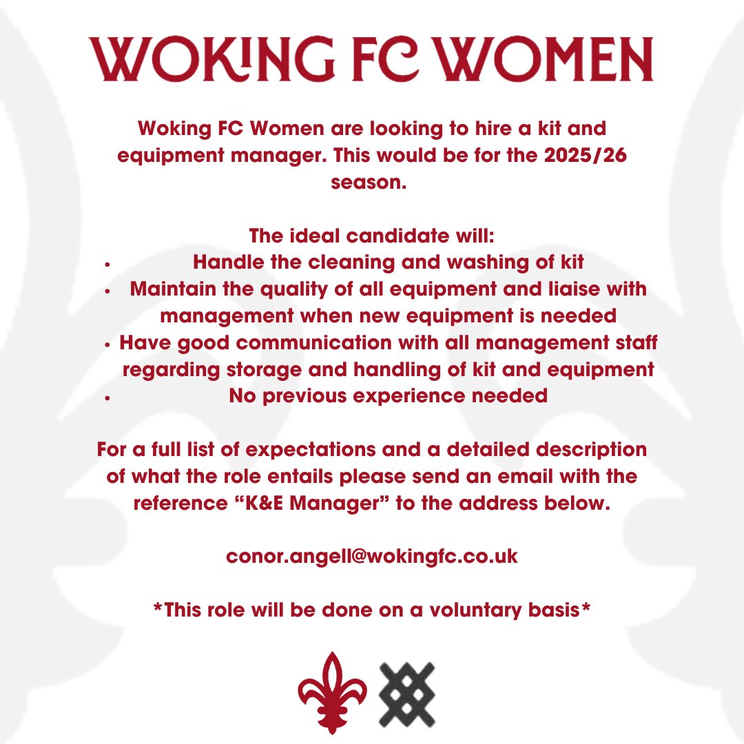 Woking FC Women (@wokingfcwomen) on Twitter photo KIT AND EQUIPMENT MANAGER 🙌
Woking FC Women are looking to find a “Kit and Equipment Manager” for the 2025/26 season! ✅
For a full list of expectations and responsibilities please email conor.angell<a href="/wokingfc/">Woking Football Club</a>.co.uk 🖥️
@wokingfc KIT AND EQUIPMENT MANAGER 🙌
Woking FC Women are looking to find a “Kit and Equipment Manager” for the 2025/26 season! ✅
For a full list of expectations and responsibilities please email conor.angell<a href="/wokingfc/">Woking Football Club</a>.co.uk 🖥️
@wokingfc