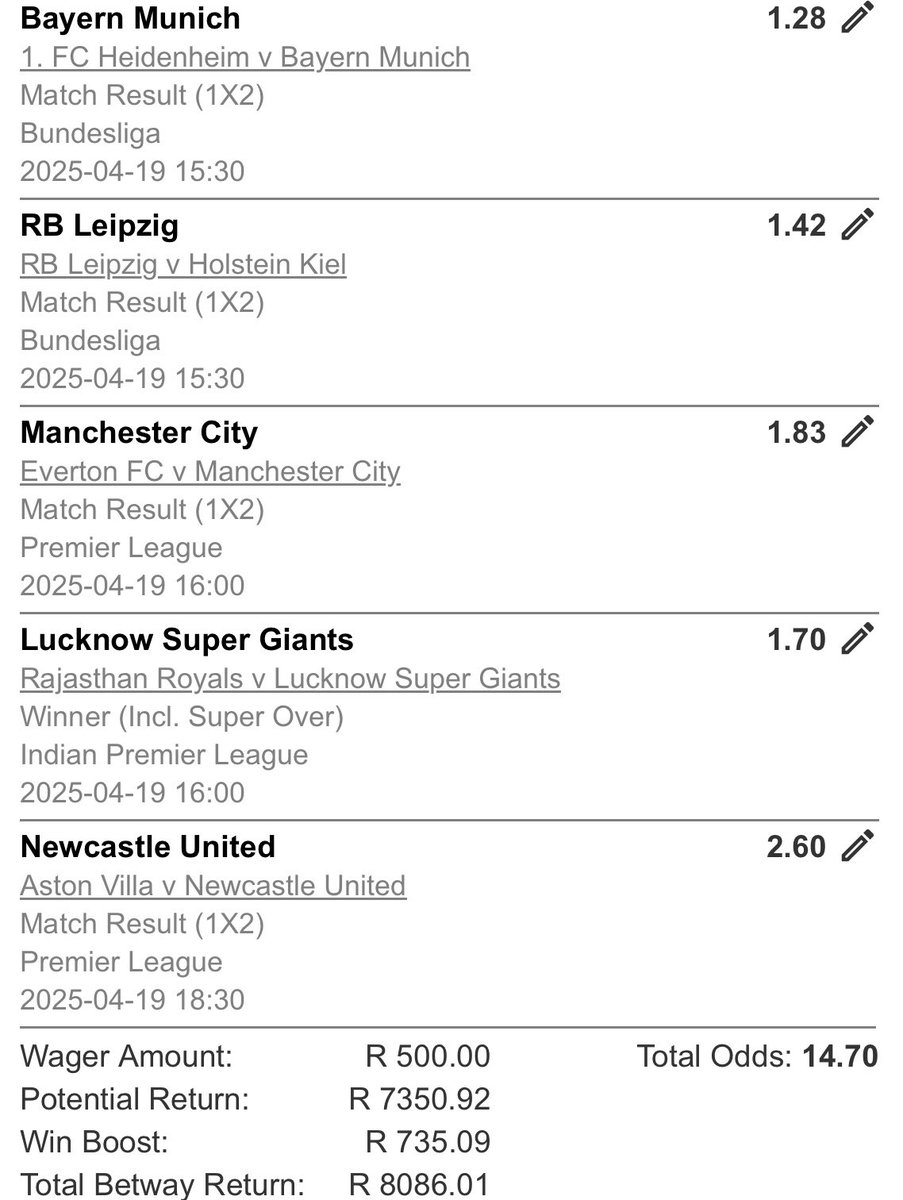 BetWith_Siya's tweet photo. We going BIG. 🚀 

Apologies to Betway, but when the streets get wind of this heater… they might have to shut the whole site down!

R500 to win R8,000

Odds: 14.70

• Bayern
• Leipzig
• Man City
• Lucknow Super Giants
• Newcastle

Ride or regret.

https://t.co/62bCn9qb7w

#BetWithSiya #WeekendWinners #BetwayBoost