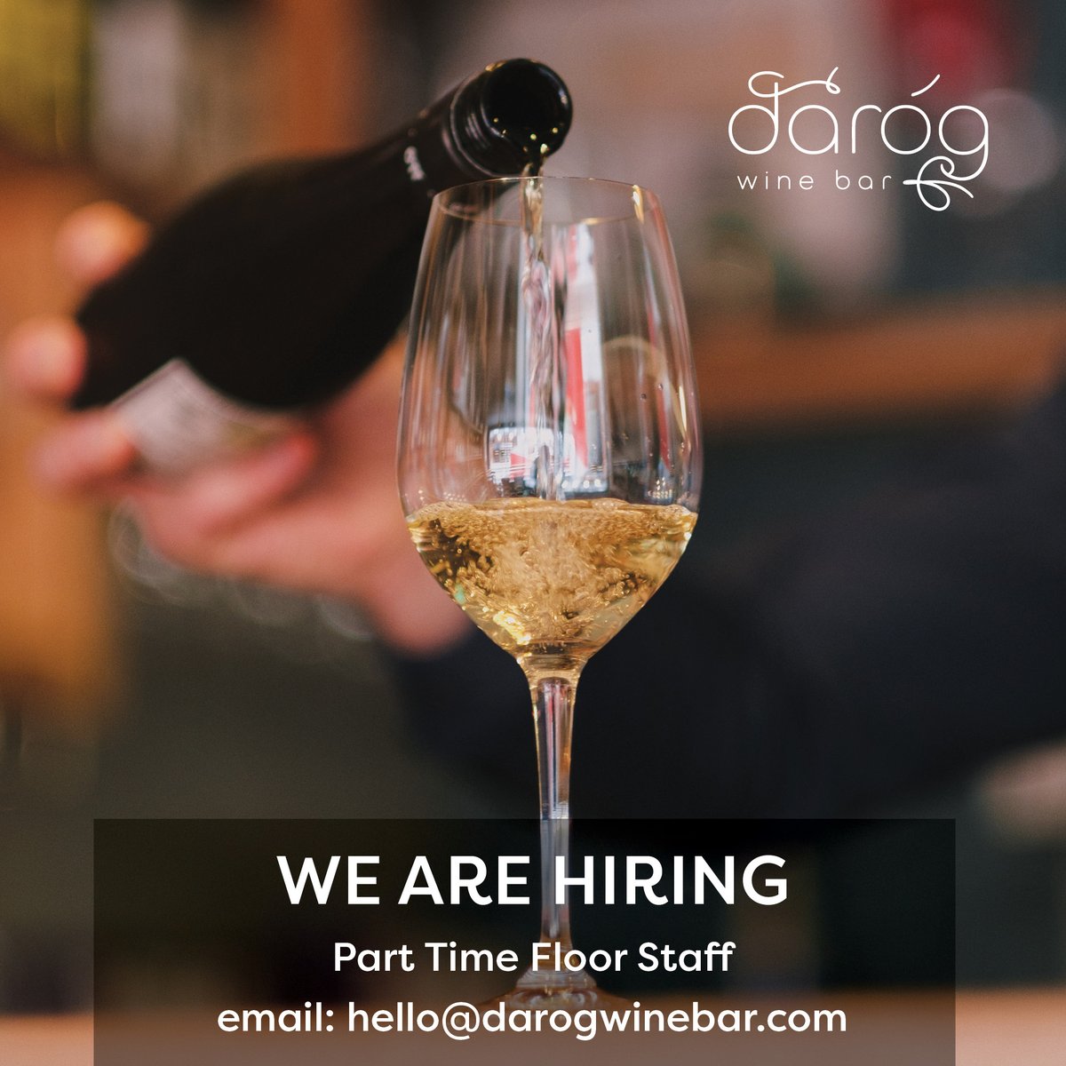 Daróg Wine Bar (@darogwinebar) on Twitter photo Calling all wine enthusiasts, we are hiring!
We are looking for part-time floor staff with a love of wine. 🍷
Email your CV to hello@darogwinebar.com
#jobfairygalway #DarogWineBar #WineBar #Galway #GalwaysWestend #WildAtlanticWay #GalwayFood #thisisGalway #VisitGalway Calling all wine enthusiasts, we are hiring!
We are looking for part-time floor staff with a love of wine. 🍷
Email your CV to hello@darogwinebar.com
#jobfairygalway #DarogWineBar #WineBar #Galway #GalwaysWestend #WildAtlanticWay #GalwayFood #thisisGalway #VisitGalway