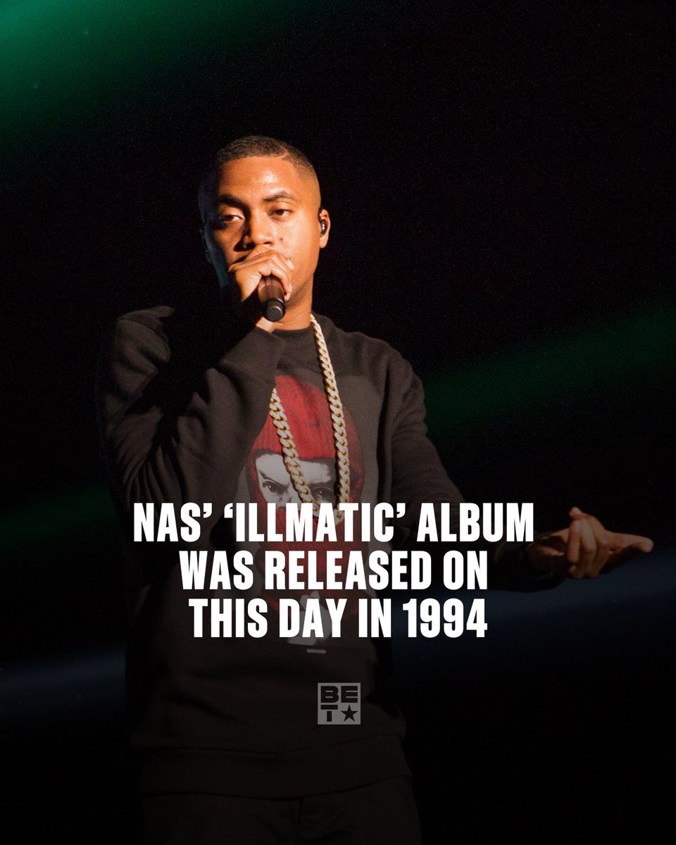 BET's tweet image. Happy Anniversary to the cult classic that's pure hip-hop artistry! Nas' Illmatic set a new standard for lyrical depth and storytelling. A masterclass that continues to educate. 💯 #IllmaticAnniversary #HipHopHistory #Nas
