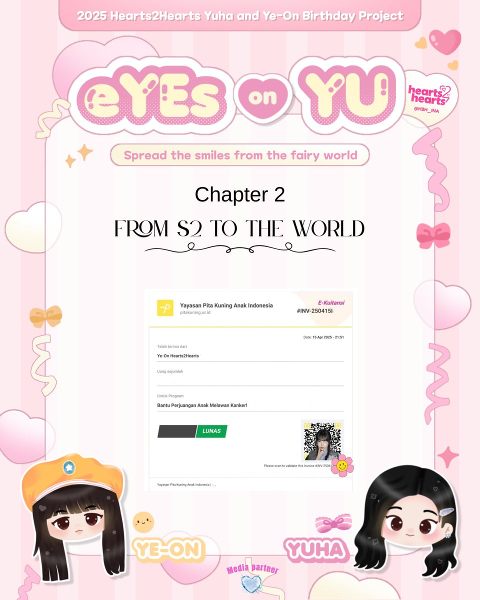 H2H_INA's tweet photo. 🎀😊 2025 Hearts2Hearts YUHA & YE-ON Birthday Project 😊🎀

• Chapter 2 《From S2 to the world》

Untuk merayakan ulang tahun Ye-On, kami telah berdonasi untuk membantu perjuangan anak melawan kanker dibawah nama 'Ye-On Hearts2Hearts' melalui Yayasan Pita Kuning Anak Indonesia.

Kami berharap donasi ini dapat memberikan semangat dan senyuman untuk anak yang sedang melawan kanker ♡

15 RAYS OF YE-ON   
#HappyYE_ONDay 
#SunshineYE_ON 
#예온이의_햇살가득한날