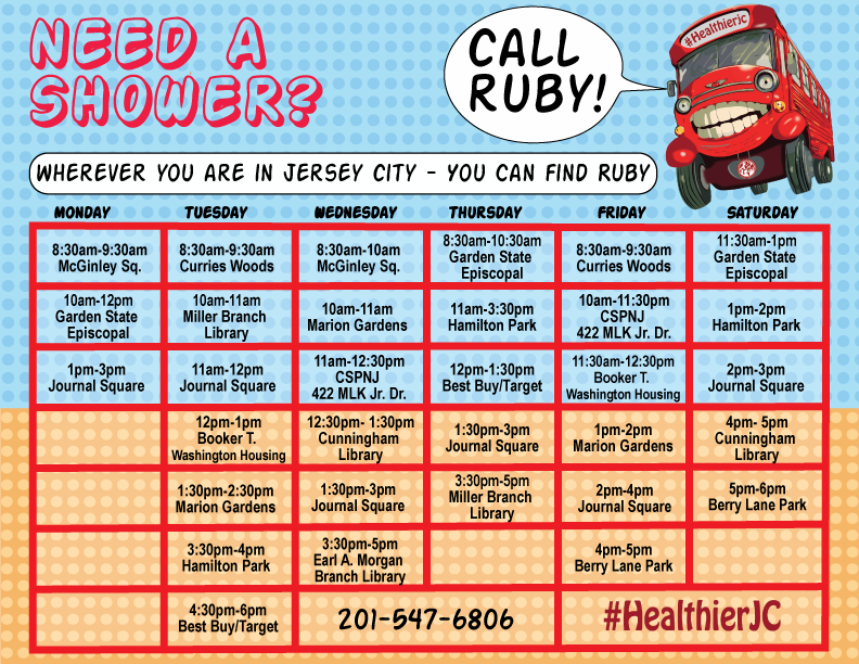 HealthierJC's tweet photo. 🚿 Need a Shower? Call Ruby! 🧼 Free mobile showers in Jersey City! 🚌 Check the schedule for locations 📍 Mon–Sat 📞 Call 201-547-6806 for info 💬 Tag someone in need! #HealthierJC #MobileShowers #CommunityCare #CallRuby https://t.co/R3ykOfldLh