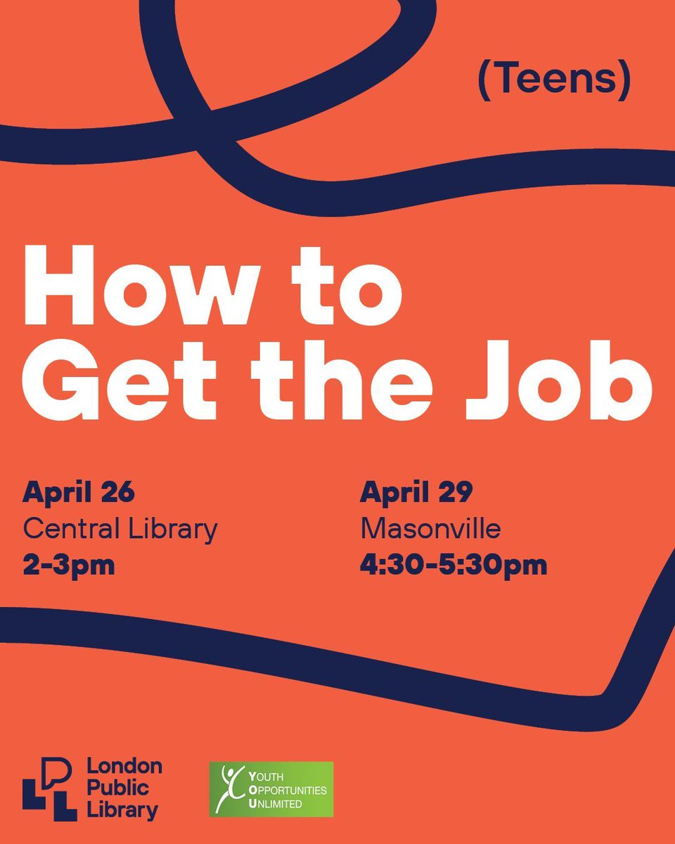 LondonPublicLibrary (@londonlibrary) on Twitter photo Looking for your first job?
This free workshop with <a href="/YOU_London/">Youth Opportunities Unlimited (YOU)</a> for teens will show you how to stand out!
✅ Approach employers
✅ Network
✅ Show your strengths
📅 Saturday, April 26, 2-3pm
📍 Central Library
📅 Tuesday, April 29, 4:30-5:30pm
📍 Masonville Looking for your first job?
This free workshop with <a href="/YOU_London/">Youth Opportunities Unlimited (YOU)</a> for teens will show you how to stand out!
✅ Approach employers
✅ Network
✅ Show your strengths
📅 Saturday, April 26, 2-3pm
📍 Central Library
📅 Tuesday, April 29, 4:30-5:30pm
📍 Masonville