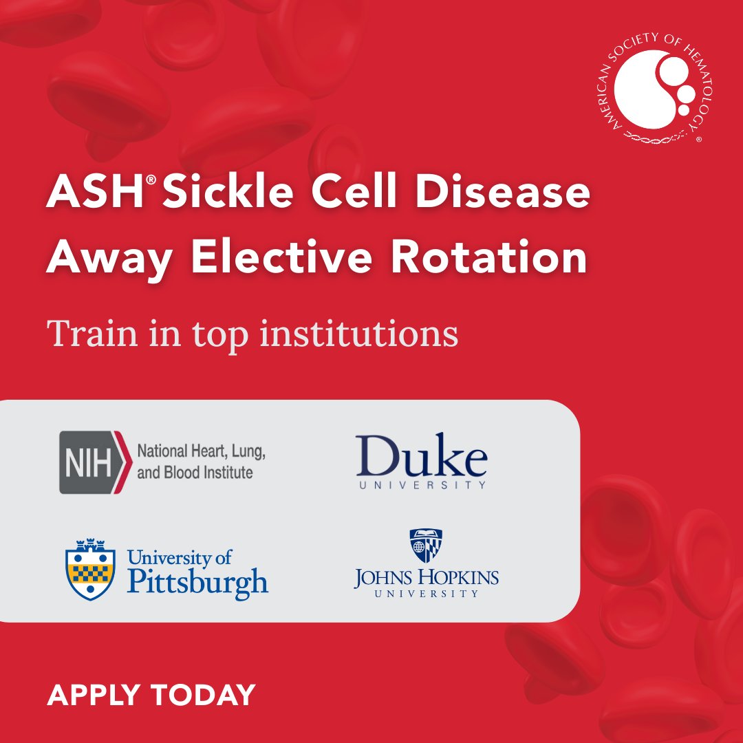 ASH (@ash_hematology) on Twitter photo The ASH Sickle Cell Disease (SCD) Away Elective offers a chance to train at top institutions in #SickleCell care: <a href="/DukeU/">Duke University</a>, <a href="/JohnsHopkins/">Johns Hopkins University</a>, <a href="/PittTweet/">University of Pittsburgh</a>, NHLBI. Gain hands-on experience in #SCD care.
Ready to train? Apply today: ow.ly/kSzU50VCNuS
#hematology The ASH Sickle Cell Disease (SCD) Away Elective offers a chance to train at top institutions in #SickleCell care: <a href="/DukeU/">Duke University</a>, <a href="/JohnsHopkins/">Johns Hopkins University</a>, <a href="/PittTweet/">University of Pittsburgh</a>, NHLBI. Gain hands-on experience in #SCD care.
Ready to train? Apply today: ow.ly/kSzU50VCNuS
#hematology