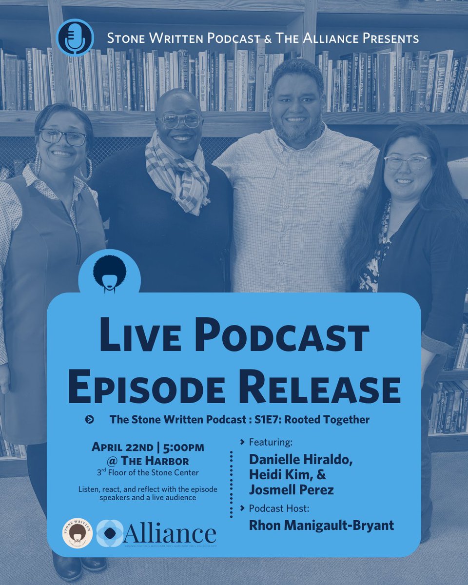 Join is for a live episode of the Stone Written Podcast as Dr. Rhon, Director of the Stone Center chats with the Directors of UNC’s Alliance Centers on 
📅 Tue April 22nd🕔 5 PM
📍 The Harbor (Suite 305) 3rd Floor, Sonja Haynes Stone Center
<a href="/UNC_AIC/">UNC American Indian Center</a> <a href="/UNC_AAC/">UNC Asian American Center</a> @CarolinaLatinxCenter