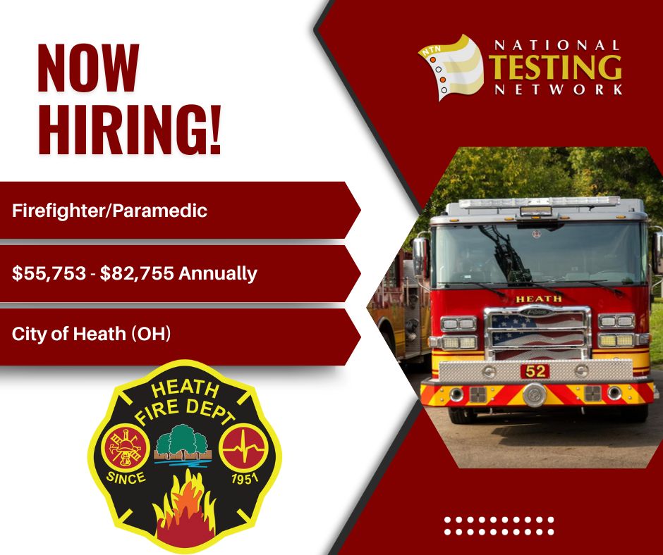 The City of Heath [Heath, OH] is hiring for the position of Firefighter/Paramedic.
Please submit your application materials by 05/05/25.
Salary: $55,753 - $82,755 Annually
For more information, please visit nationaltestingnetwork.com.