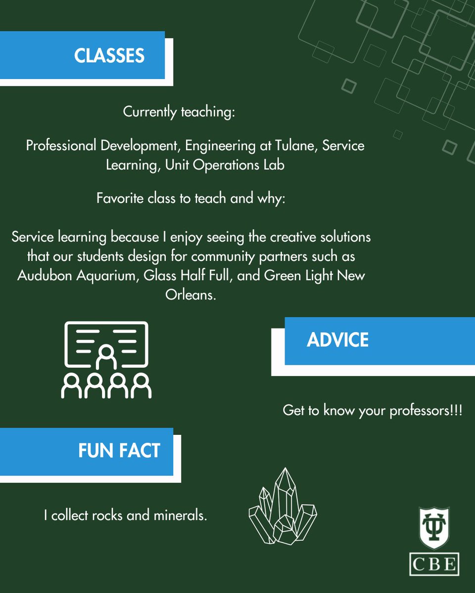 🔬✨ Prof. Spotlight: Dr. Katie Russell! She loves teaching Service Learning &amp; advises, "Get to know your professors!" 💡💎 #TulaneCBE