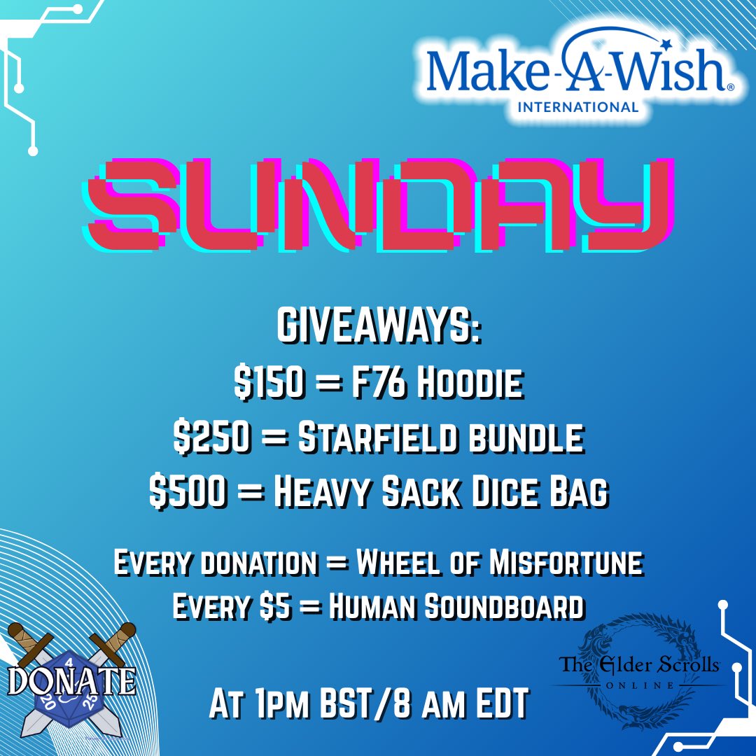 We will be live tomorrow raising money for <a href="/MakeAWishIntl/">Make-A-Wish International</a>!
#P4J

Donation link in replies! 
Any money raised today/tomorrow goes towards our goals! 
Playing <a href="/TESOnline/">The Elder Scrolls Online</a> &amp; <a href="/DOOM/">DOOM</a>