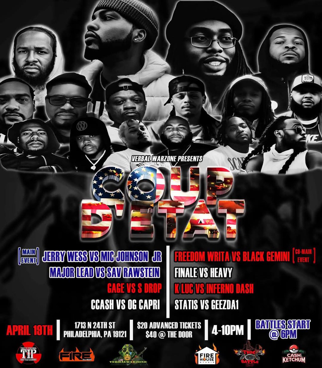 MIC Johnson Jr (@juggamc) on Twitter photo Today History Will Be Made‼️
We in Philly‼️
Pull Up‼️
<a href="/VerbalWarz1135/">OFFICIAL Verbal Warzone</a> Presents 
Coup D'etat
Ayo <a href="/JerryWess/">Jerry Wess EFB</a>  it's About That Time Gz😈😈😈😈 Today History Will Be Made‼️
We in Philly‼️
Pull Up‼️
<a href="/VerbalWarz1135/">OFFICIAL Verbal Warzone</a> Presents 
Coup D'etat
Ayo <a href="/JerryWess/">Jerry Wess EFB</a>  it's About That Time Gz😈😈😈😈