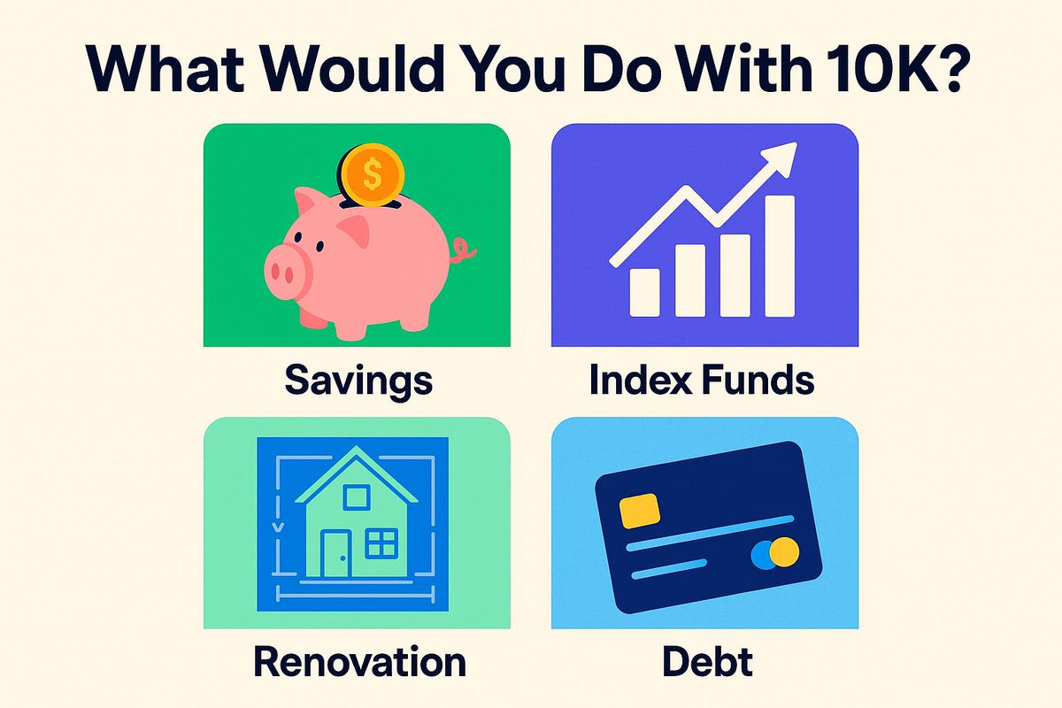 💰 SCENARIO: You’ve got $10,000 to invest.

Which do you choose?

 A) Index Funds
 B) Home Renovation (ROI-focused)
 C) Debt Payoff
 D) High-Yield Savings

Drop your choice and why? 👇