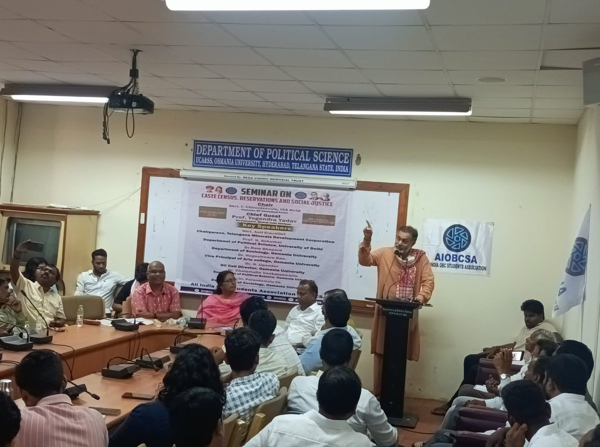 aiobcsa's tweet photo. The All India OBC Students Association (AIOBCSA) organised a half-day seminar on Caste Census, Reservations, and Social Justice at Osmania University on April 18, 2025. Renowned political thinker Prof. Yogendra Yadav, the chief guest, remarked that the Telangana Government’s recently released caste survey is partial and like an X-ray, while what is needed is comprehensive data akin to an MRI scan to ensure transformative policy decisions. He called for the SC, ST, OBC, Minorities and women unity for achieving greater social justice in the country. 

The seminar saw participation from key figures including Retd. IAS officer T. Chirenjeevulu, Anil Eravathri, Prof. Sukumar (DU), Prof. V. Srilatha, Dr. Paramadhamulu, and AIOBCSA leaders Gowd Kiran Kumar and Mahesh Goud. Speakers emphasized the urgency of a full caste census, gender equity in leadership, and the launch of a campaign demanding 42% reservations for BCs. The event concluded with a collective call for unity among Bahujans and sustained efforts toward social justice.

@_YogendraYadav @Eanil_INC @gowdkiran