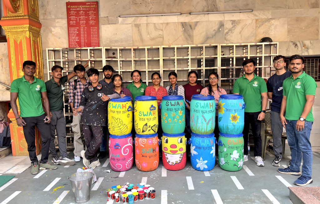 SwahUmeed's tweet photo. Through colours and creativity, the SWAH team is transforming temple waste management. These beautifully hand-painted bins will be placed at temples to collect used flowers, which will then be processed sustainably, turning faith into ash, not waste.
#SWAH #UmeedFoundation https://t.co/FFXuVdVvwn