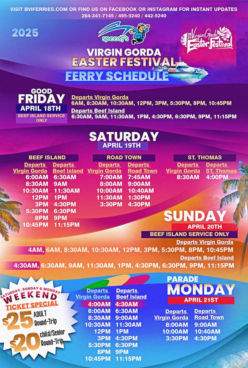 Heading to the Virgin Gorda Easter Festival festivities this weekend? Here's the ferry schedule for your travel needs! ⛴️🎉