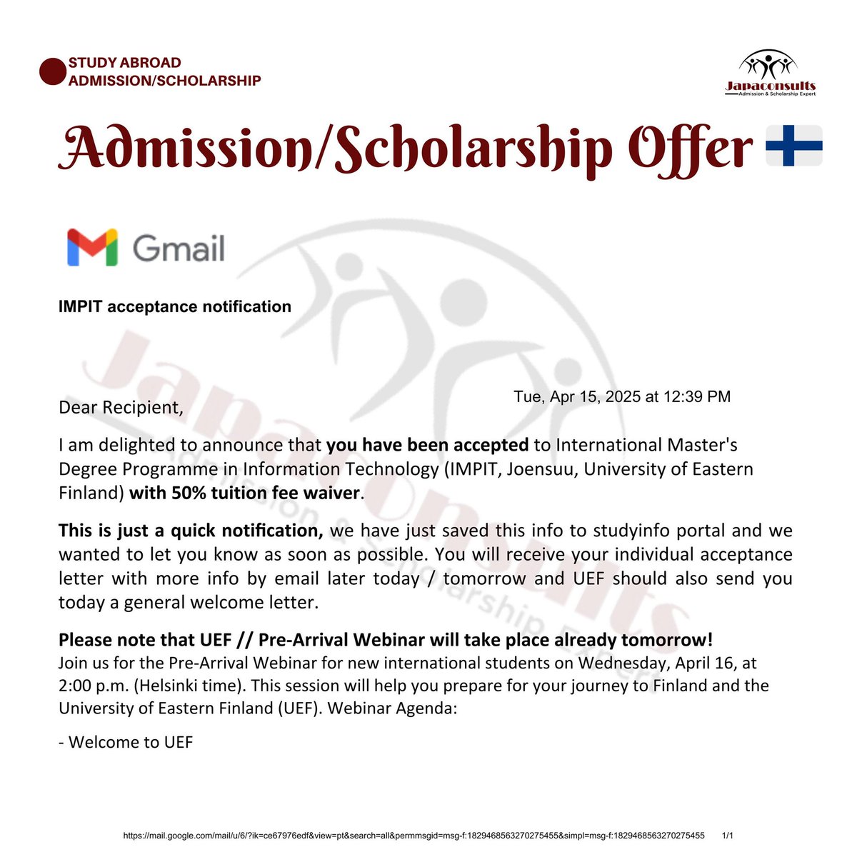 🎊🎊🎊🎊
ADMISSION &amp; 50% TUITION FEE WAIVER OFFER LETTER to study for an International Master's degree in Information Technology at IMPIT, JOENSUU, UNIVERSITY OF EASTERN FINLAND 🇫🇮. 

This year's Finland 🇫🇮 application was a very huge success.  Scholarships here and there.