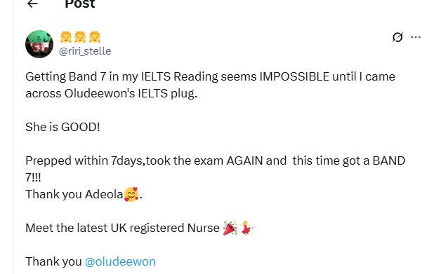 Read this testimony.

If you want to pass IELTS, contact Adola on +2349019430625 and mention my name.