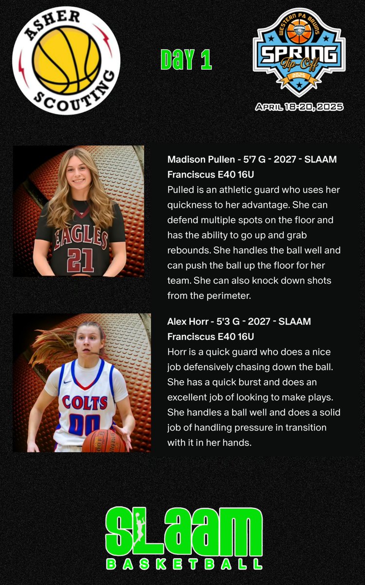 🏀 What a Day 1 for #SLAAMFam at <a href="/WPABruinsTipOff/">WPABruins2025TipOff</a>! 🔥 <a href="/AsherScouting/">Asher Scouting</a> spotlighted <a href="/MadisonP1021/">Madison Pullen</a> &amp; <a href="/alexhorr7/">Alex Horr</a> from <a href="/slaam27Fran/">SLAAM27Franciscus</a> with stellar reviews! Their speed, defense, and heart shone through. 💪 #SLAAMProud🌟 #SLAAMBasketball