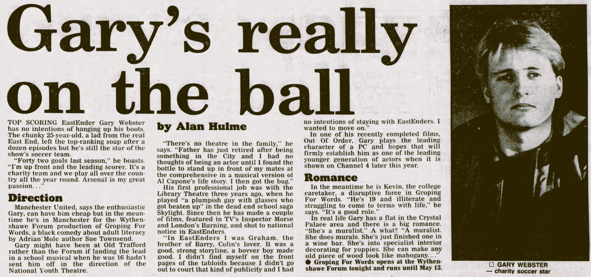 TvDidYouSee's tweet image. #OnThisDay 20 April 1989
GARY'S REALLY ON THE BALL
Top scoring #EastEnders star #GaryWebster has no intentions of hanging up his boots. The chunky 25-year-old lad from the real East End left the soap after a dozen episodes but he's still the star of the show's soccer team . . .