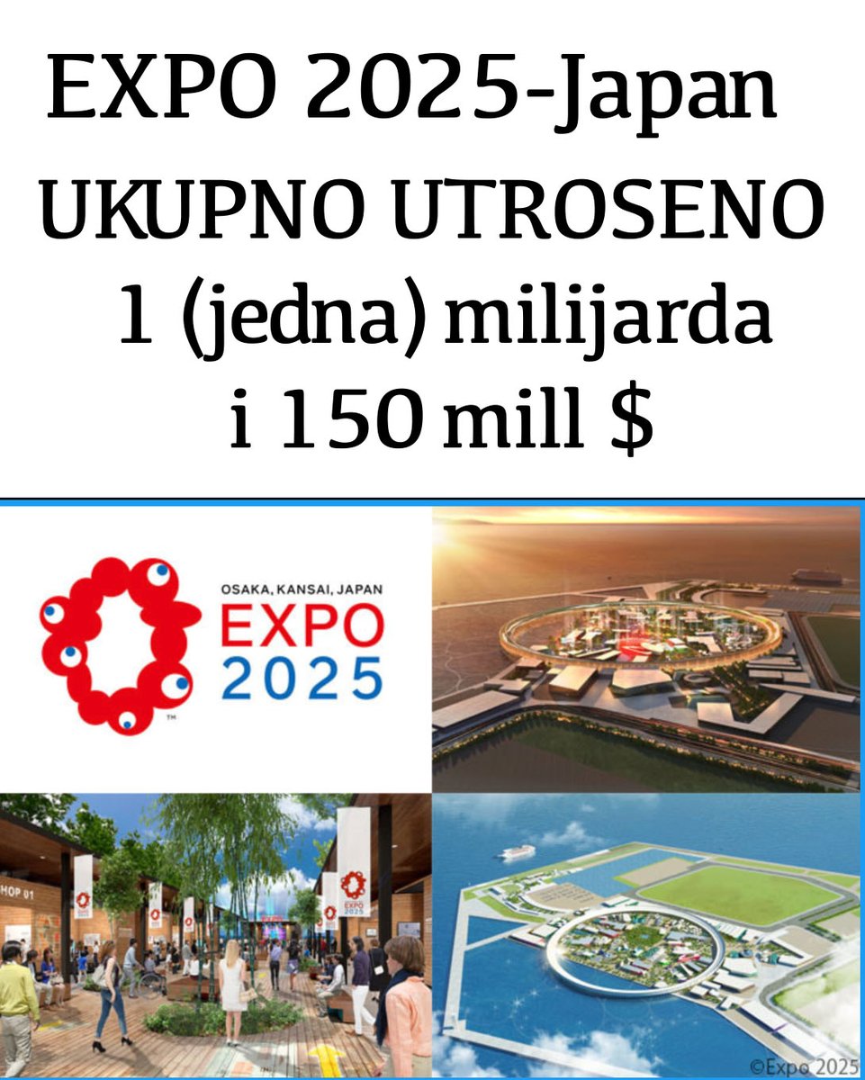 <a href="/srdjanmil037/">Srđan Milivojević</a> <a href="/n1srbija/">TV N1 Beograd</a> Srdjane evo ti jos nesto ,tacno, novo a uzas:
Svetska izložba EXPO 2025  
trenutno se održava u Japanu, u Osaki. 
Otvorena 13. aprila  2025. 
UTROSENO 1,15 milijardi $. 
Na izložbi učestvuje više od 160 zemalja. 
Predstavljene  inovacije u oblastima medicine, veštačke