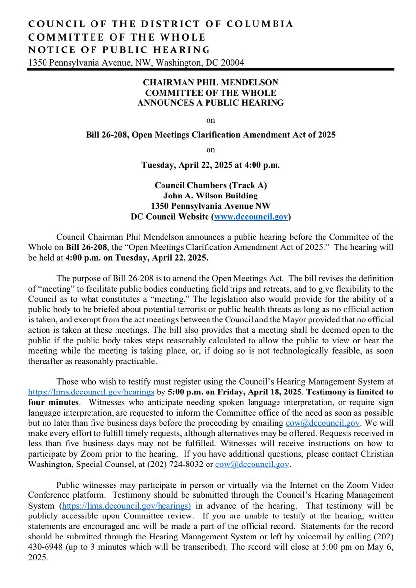 #HeadsUpDC — the DC Council has a public hearing at 4 pm Tuesday at which it will discuss it’s bill to basically exempt the council from the Open Meetings law, allowing any meeting of any number of council members at any place to discuss any issue without a public record.