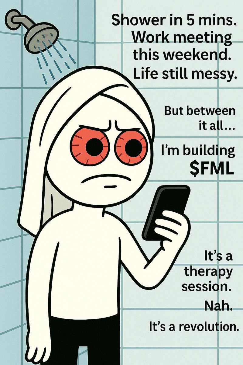 THEZIMPIRE's tweet photo. Shower in 5 mins.
Work meeting this weekend.
Life still messy.But between it all…
I’m building $FMLIt’s not just a coin.
It’s therapy.
It’s revenge.
It’s a fucking revolution.#FMLcoin #FuckMyLimits #ZisMe #MemeCoin #CryptoMemes #UnderdogsUnite #RelatableMemes #PumpFun https://t.co/OWFFCKC2TY