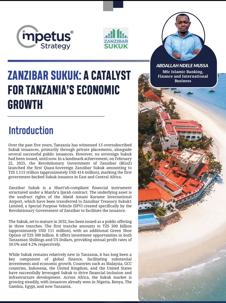 AbdandeAN's tweet photo. We’re pleased to share our latest article on the Zanzibar Sukuk, highlighting how this pioneering issuance is helping reshape Tanzania’s financial ecosystem. We invite you to read and share the article your thoughts, feedback, and perspectives are highly valued and appreciated... https://t.co/raR3pqeCNz
