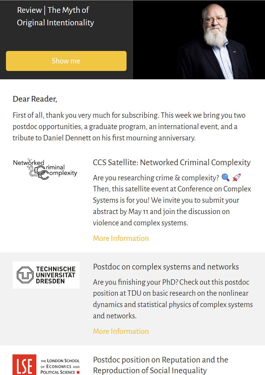amahury0's tweet image. On April 19, 2024 Daniel Dennett passed away, one of the most influential philosophers of our time. This week we pay tribute to him by analyzing one of his essays. If you want to receive this and other updates we invite you to subscribe to the weekly #complexitycat newsletter!🗞️