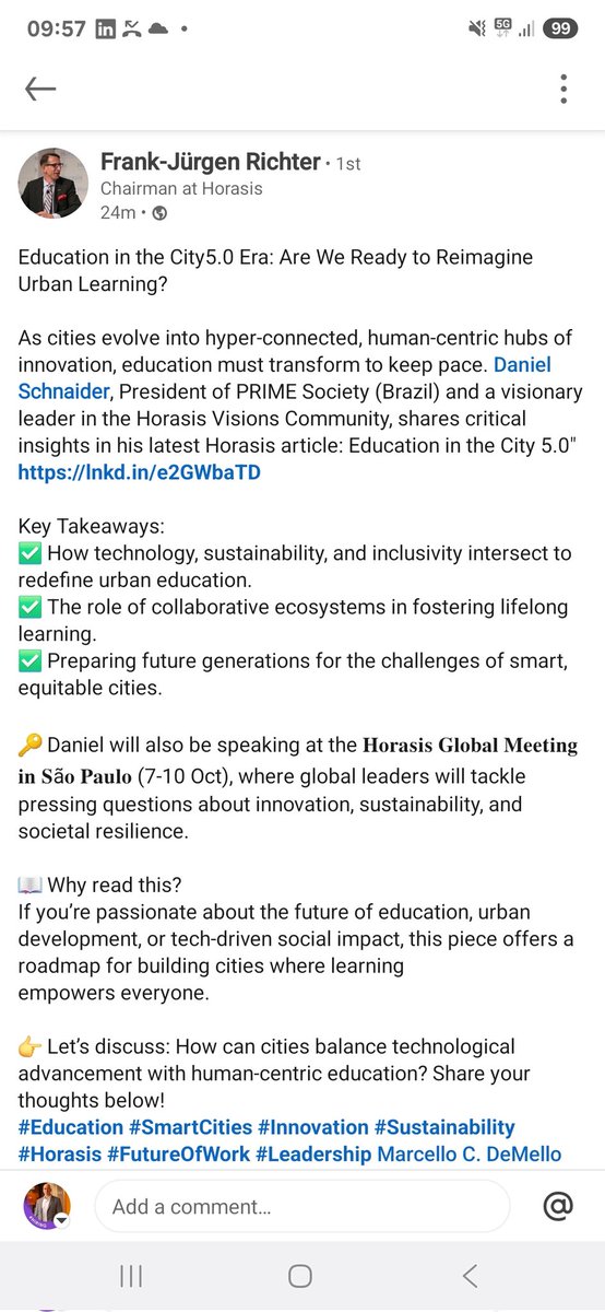 horasis.org/education-in-t…
I have been reflecting on how education should look in a City 5.0—a meticulously planned space designed explicitly to accelerate poverty eradication. This article compiles a series of preliminary reflections which, with your input, will mature into...