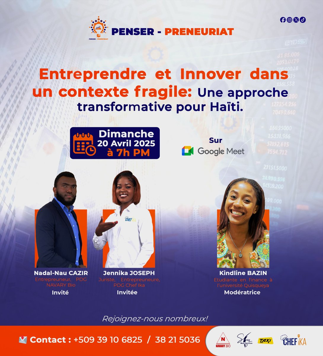penserpreneur's tweet photo. *Penser-Preneuriat vous invite à un échange inspirant !*  
*Sujet* :Entreprendre et innover dans un contexte fragile: Une approche transformative pour Haïti

📅 *Dimanche 20 Avril 2025*  
🕖 *À 7h PM*  
📍 *Sur Google Meet*  https://t.co/4Pr6UB0f5B
 Rejoignez-nous nombreux ! https://t.co/d2ebG0bPER