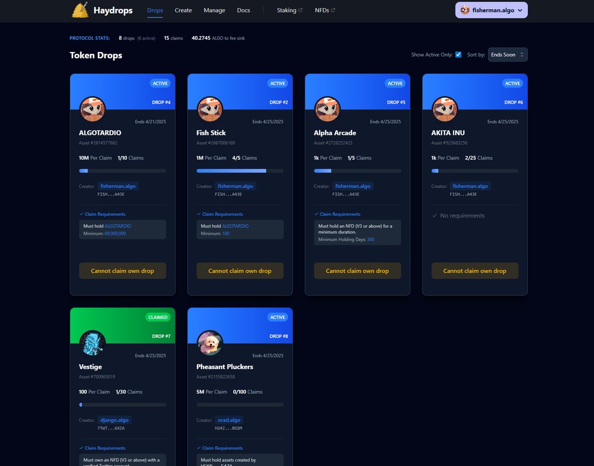 Introducing Haydrops 🧑‍🌾

Haydrops is a decentralized, permissionless protocol for creating, claiming, and managing token drops on Algorand.

Start dropping 👇
drops.hay.app