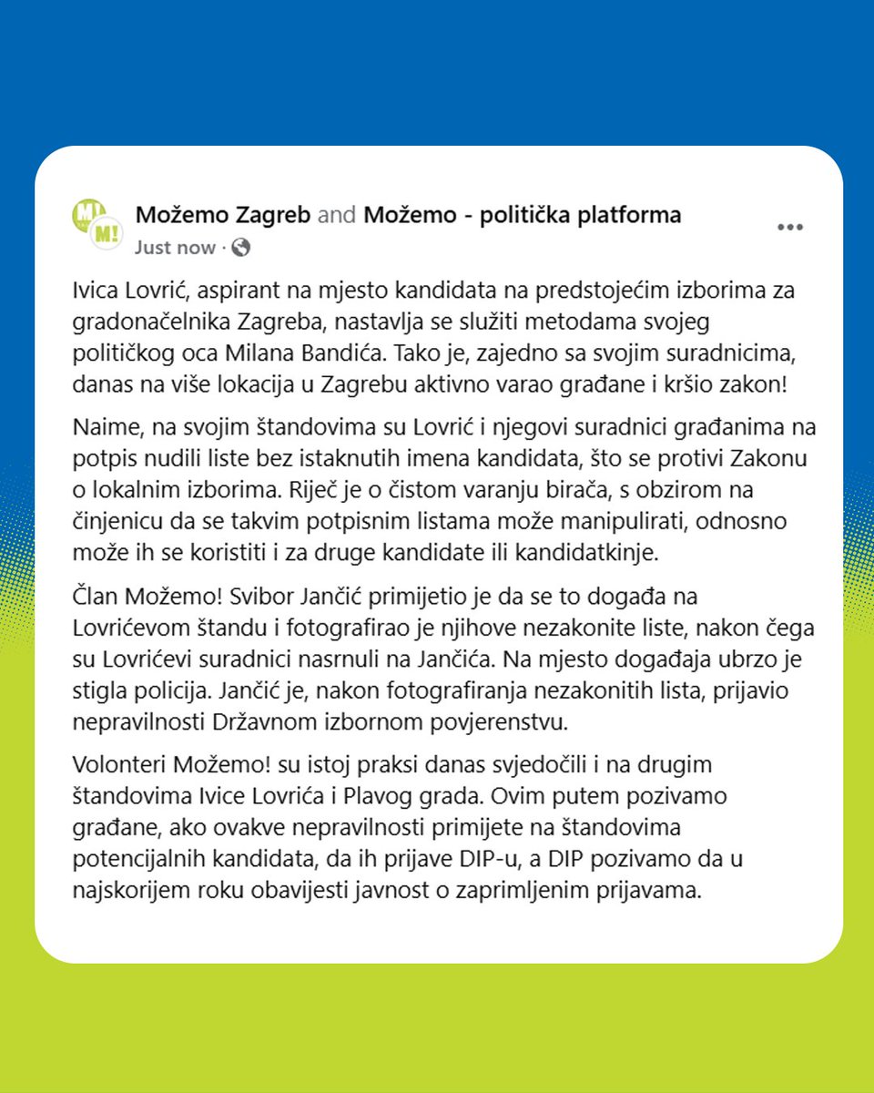 Lovrić i suradnici krše zakon skupljajući potpise na listama bez imena kandidata!

Riječ je o čistom varanju birača, s obzirom na činjenicu da se takvim potpisnim listama može manipulirati, odnosno može ih se koristiti i za druge kandidate ili kandidatkinje.