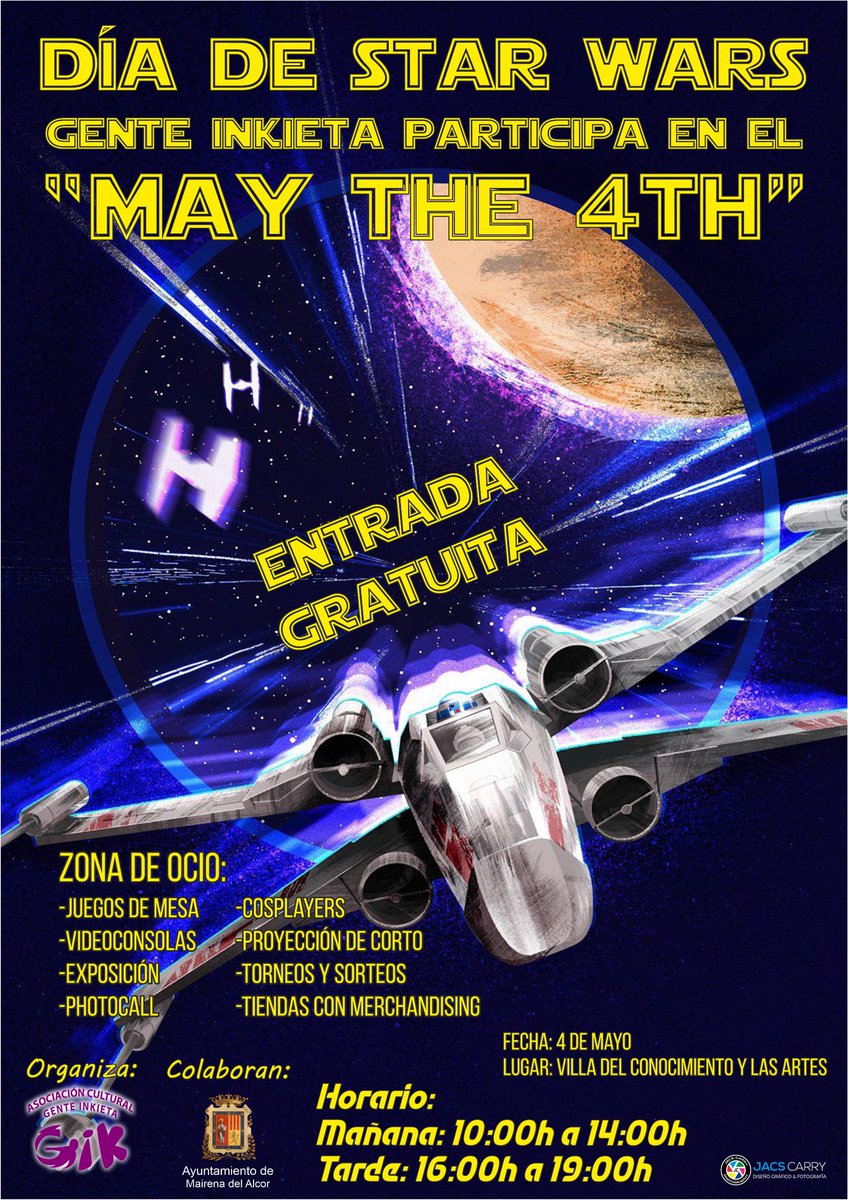 GenteInkieta's tweet photo. ⚔️ | 𝗗𝗜́𝗔 𝗗𝗘 𝙎𝙏𝘼𝙍𝙒𝘼𝙍𝙎 DE GENTE INKIETA 
¡Os invitamos a celebrar el día de STARWARS por todo lo alto!
ZONA DE OCIO:
-JUEGOS DE MESA
-COSPLAYERS
-VIDEOCONSOLAS
-PROYECCIÓN DE CORTOS
-EXPOSICIÓN
-PHOTOCALL
-TORNEOS Y SORTEOS
-TIENDAS CON MERCHANDISING
¡Os esperamos! https://t.co/YQe9HHB7pO