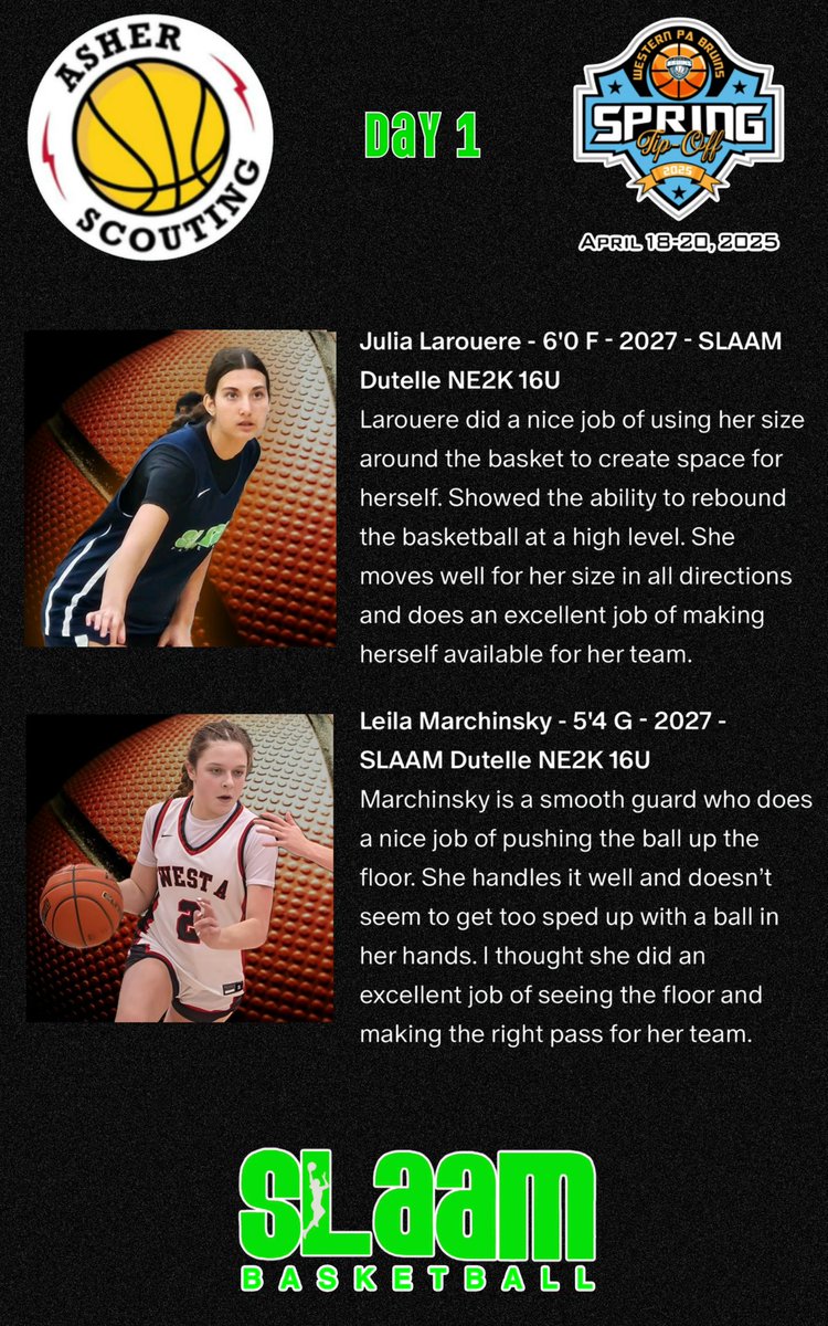 slaambasketball (@slaambasketball) on Twitter photo 🏀 Day 1 Standouts at <a href="/WPABruinsTipOff/">WPABruins2025TipOff</a>! 🔥 <a href="/AsherScouting/">Asher Scouting</a> raves about <a href="/leilamarchinsky/">Leila Marchinsky</a> (5’4” G, 2027) for her smooth playmaking & <a href="/SLAAMDUTELLE/">SLAAM DUTELLE 2027</a>'s Julia Larouere (6’0” F, 2027) for dominating the boards. Keep shining, stars! 🌟 #SLAAMBasketball 🏀 Day 1 Standouts at <a href="/WPABruinsTipOff/">WPABruins2025TipOff</a>! 🔥 <a href="/AsherScouting/">Asher Scouting</a> raves about <a href="/leilamarchinsky/">Leila Marchinsky</a> (5’4” G, 2027) for her smooth playmaking & <a href="/SLAAMDUTELLE/">SLAAM DUTELLE 2027</a>'s Julia Larouere (6’0” F, 2027) for dominating the boards. Keep shining, stars! 🌟 #SLAAMBasketball
