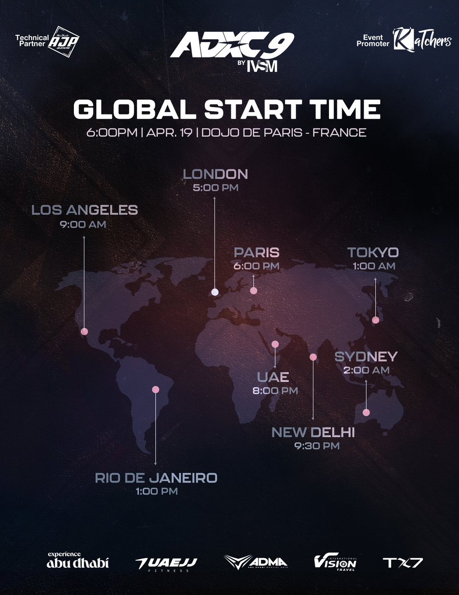 adxc_official's tweet photo. No matter where you are, here’s when the action starts in your time zone!⏰🔥 Tune in and don’t miss a moment! 

Sat. APR 19 | Dojo De Paris | France | Tickets 🎟️ link in bio 
•
•
•
#ADXC9 #BJJ #JiuJitsu #Grappling #martialarts #bjjgi #bjjnogi https://t.co/4L7DK8yIhn