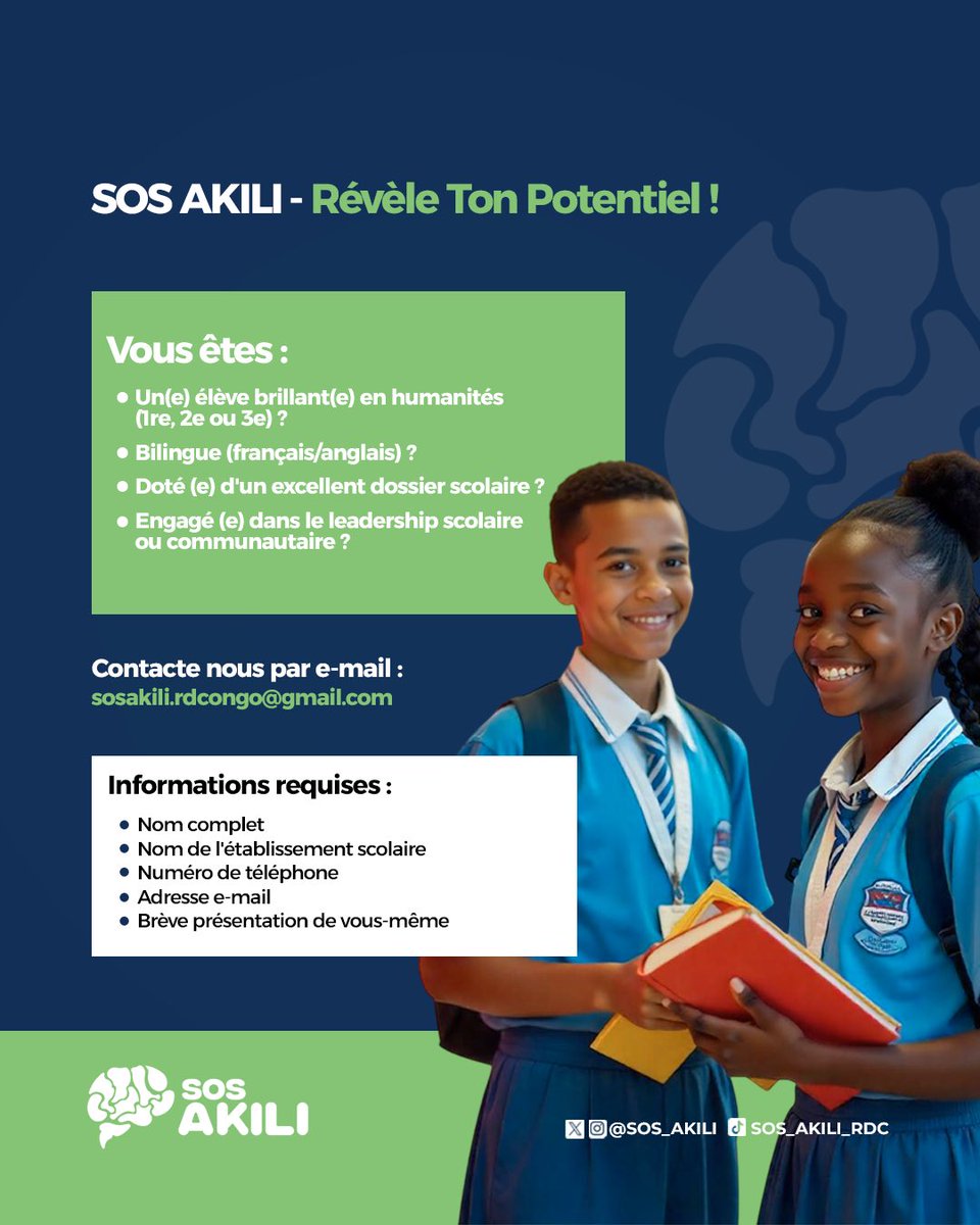 Vous êtes ou vous connaissez:

- Un(e) élève brillant(e) en humanités (1re, 2e ou 3e)

- Bilingue (français/anglais)

- Avec d’excellents résultats scolaire et engagé(e) dans le leadership ? 

Contactez-nous ➡️ sosakili.rdcongo@gmail.com 

<a href="/OvoOsha/">Hαɾɱσɳყ N'ʂιɳɠa</a> <a href="/Sharufa_/">Sharufa</a> <a href="/Bibimusafi/">Siara WABILINDA 🎗</a> <a href="/_Iragi_/">Jemima Iragi</a>